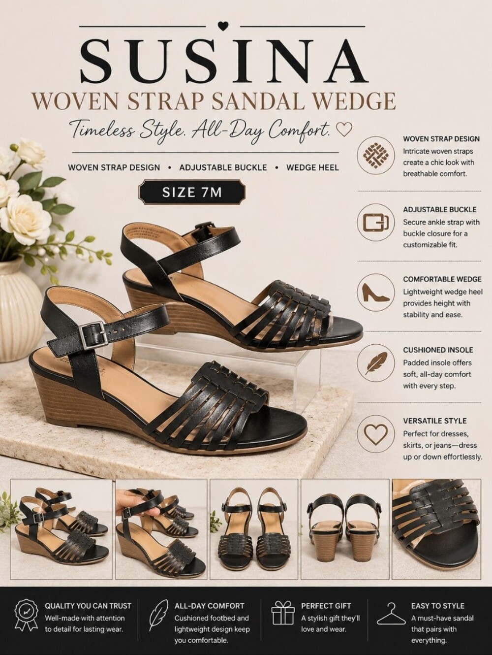 SUSINA Black Woven Strap Sandal Wedge 7M